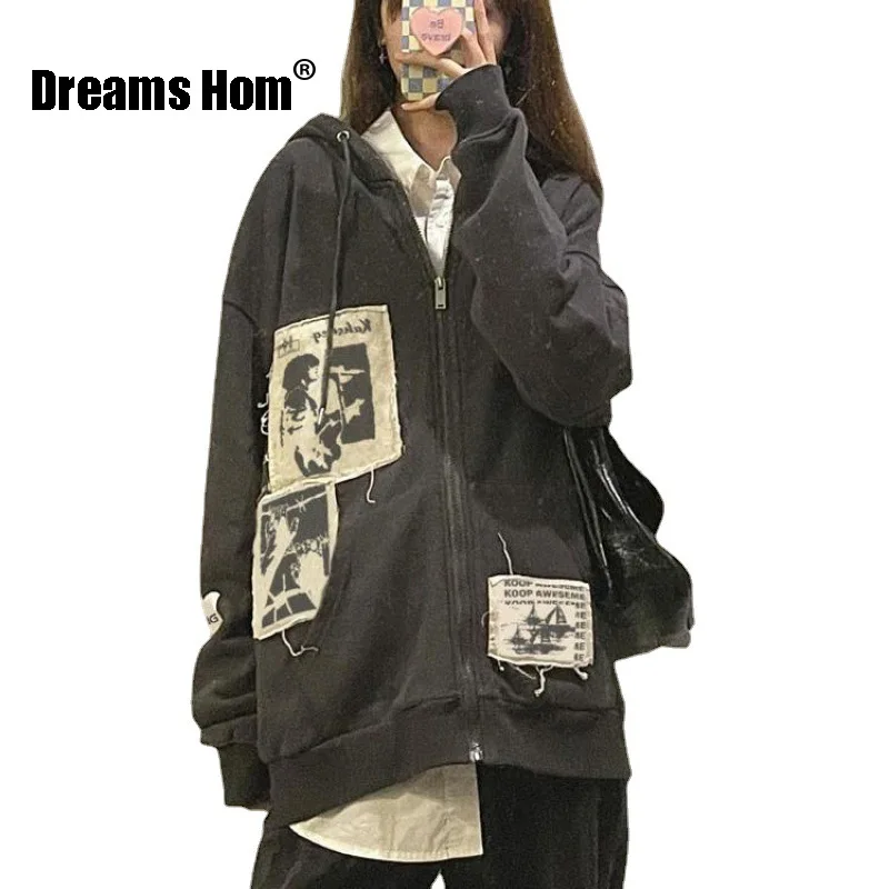 

Women's street brown graffiti print zip vintage tops hoodie sweatshirts hoodies kawaii Blouse grunge y2k coats Autumn jackets