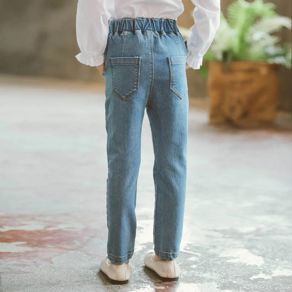 Джинсы джинсы для девочек с высокой талией однобортные лентами детей Осенние