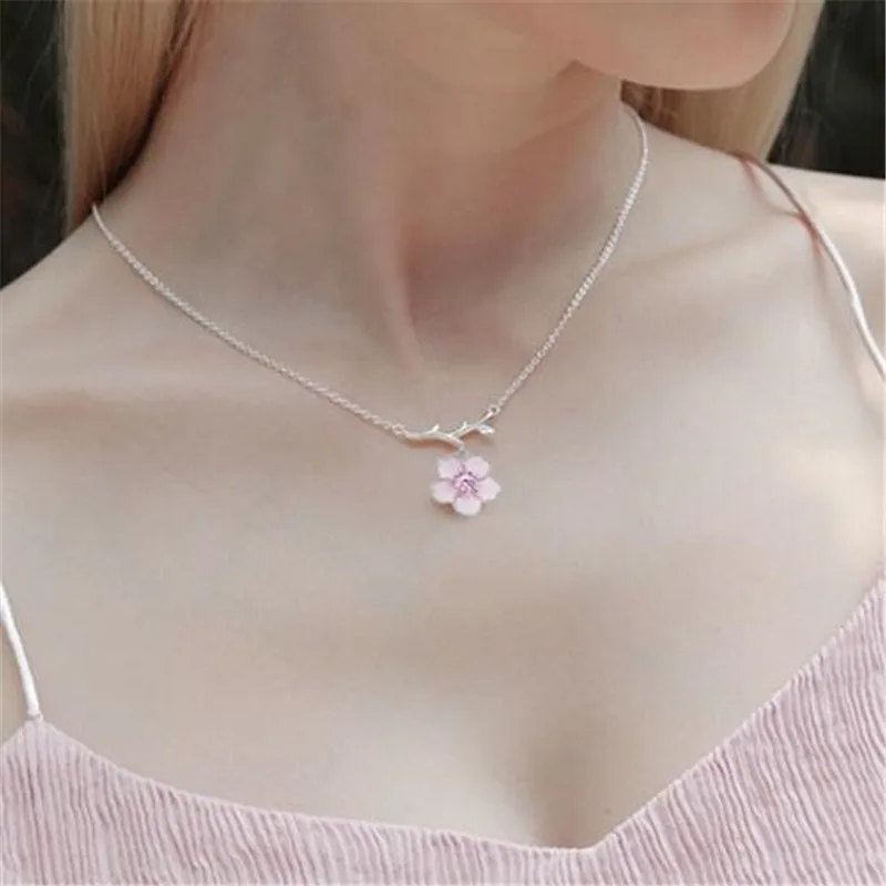 Натуральный модный 925 пробы серебряный розовый цветок вишни стразы колье