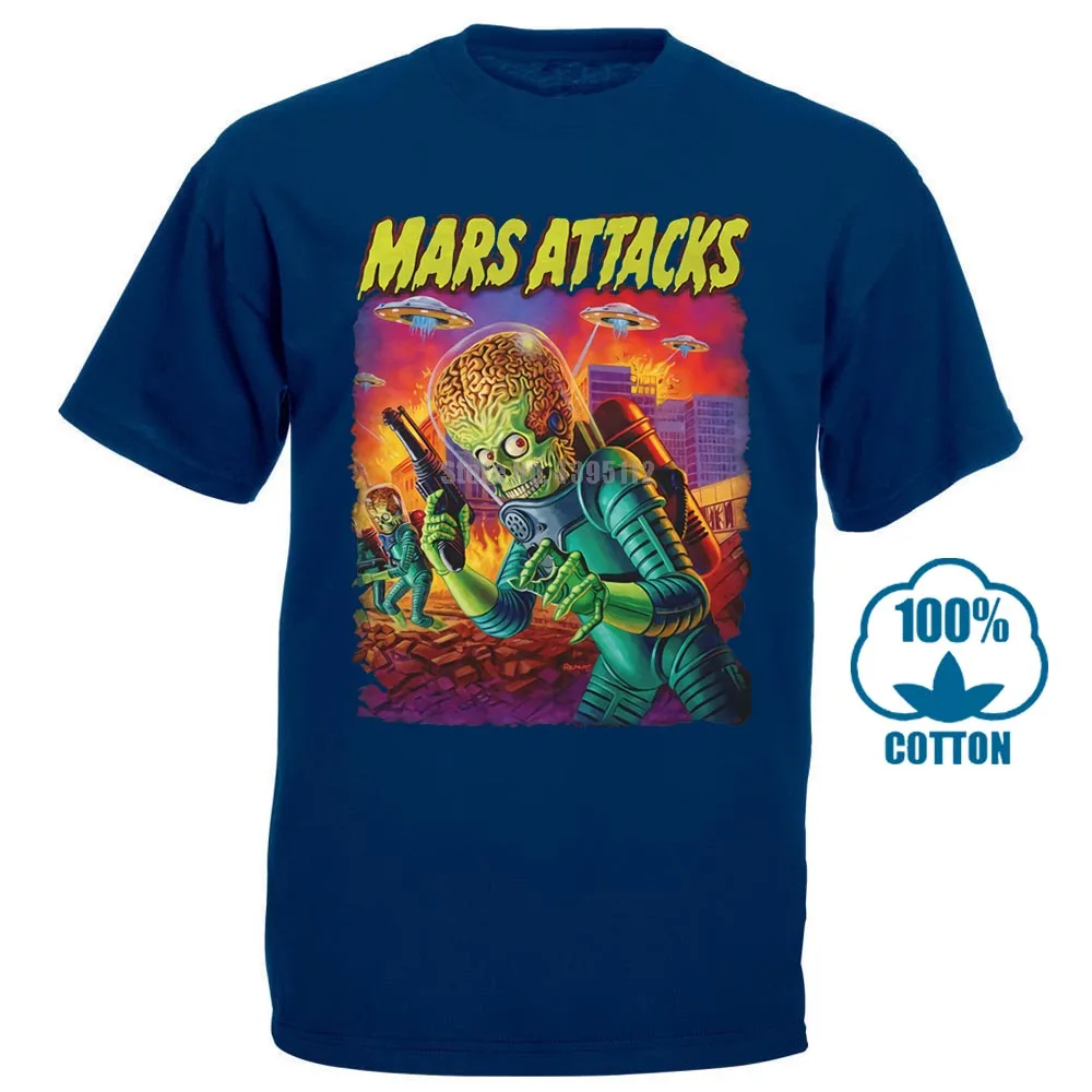 Тёмно-синий Mars Attacks Movie Мужская футболка атакующий инопланетянин с блюдцем заполненное небо - Цвет: Тёмно-синий