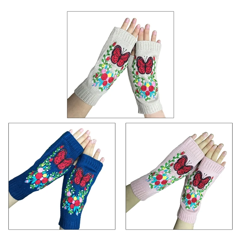 

Butterfly Winter Flower Knitted Fingerless Knitted Thumb Hole Gloves Soft Mitten