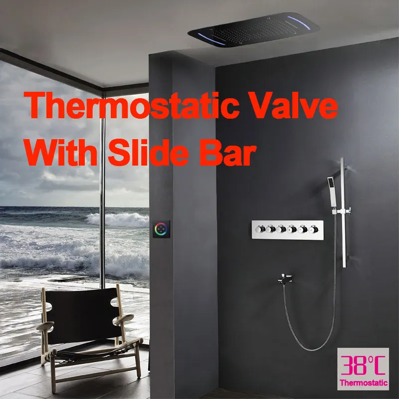 Thermostatic Душевой набор для ванной, термостатический смеситель, смесители для душа, светодиодный потолочный Душ с дождевой насадкой, туманный дождевой Душ, водопад с горкой - Цвет: Thermostatic