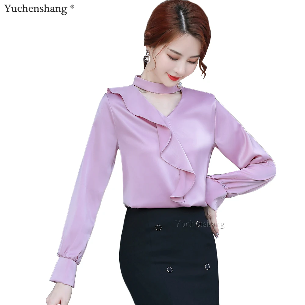 

Fashion Ruffle V-Neck Apricot Pink Green Blouse Women Girl S-4XL Halter Collar Long Sleeve Shirt Tops