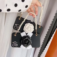 fashion 3d camellia flower pearl bracelet hand chain liquid soft case cover for iphone 12 mini 11 pro xs max x xr 8 7 6s plus se