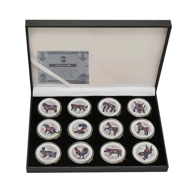 12pcs coins with box WR монеты зодиака китайского года крысы коллекционные с держателем для монет серебряные слитки вызов монеты Рождественский подарок для мужчин дропшиппинг - Цвет: 12pcs coins with box