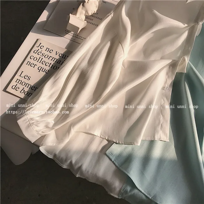 

Summer 2021 Contrast Color Lapels Long-Sleeved Shirts Korean Fashion Retro Shirt Blouse Simple Elegant Single-Breasted Women Top