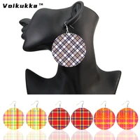 voikukka jewelry 6 cm circle christmas plaid strip pattern wooden both sides print women pendants cute earrings for gifts