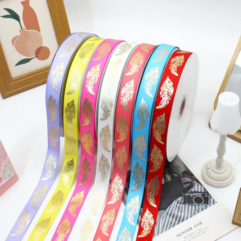 

5 Yards 25MM Bronzing Feather Grosgrain Ribbon DIY Handmade Gift Box Packaging Belt Hair Accessories Material Wedding Decorative