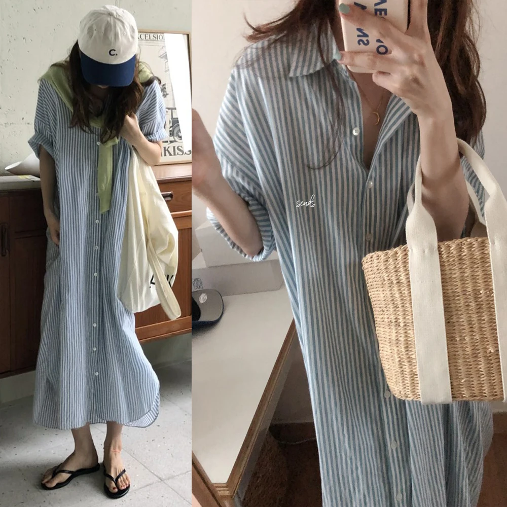 2021 New Women Summer Vitnage Cozy Long Striped Shirt Dress Oversized Single Breasted Maxi Sundress Batwing Sleeve