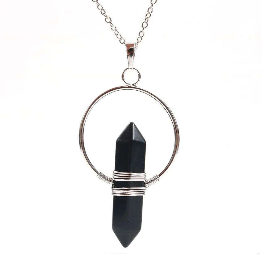 FYJS Unique Silver Plated Circle Wire Wrap Amethysts Hexagon Column Pendant Link Chain Necklace Opalite Opal Jewelry | Украшения и
