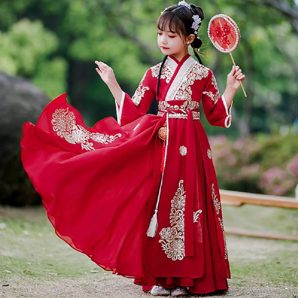 

Новинка 2021, красный Детский старинный костюм ханьфу в китайском стиле для девочек, суперсказочный Детский костюм Тан, платье принцессы, хан...