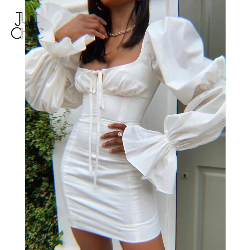 Justchicc Лепестковые рукава белое осеннее платье с квадратным воротником