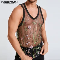 men tank tops mesh see through embroidered sleeveless o neck streetwear vests 2022 sexy breathable casual men tops s 5xl incerun