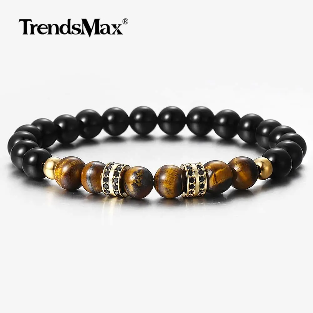 Браслет из натурального Тигрового Глаза для мужчин и женщин 8 мм с фианитами
