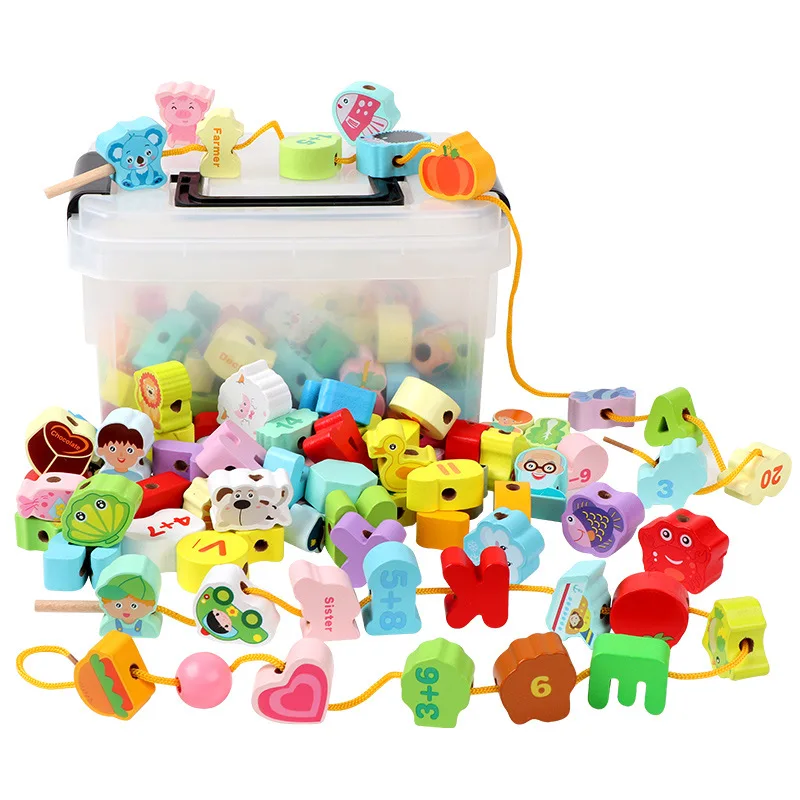 

150pcs Wooden Lacing Beads for Toddlers Fine Motor Skills Montessori Toys Preschool Learning Toys for 2 Year Old Boys and Girl