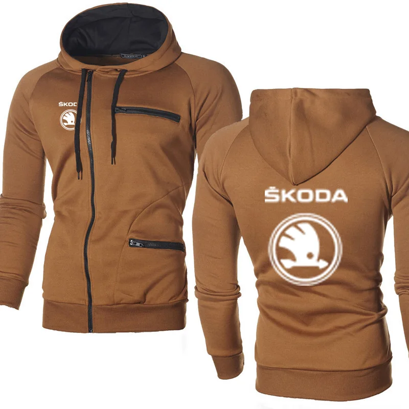 

Spring Autumn Men's Hoodie Skoda Car Logo Casual Solid Color Sport Jacket High Quality Cotton Men's Oblique Chain Sweatshirt