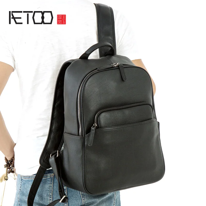 Рюкзак AETOO мужской из натуральной кожи модный трендовый портфель для компьютера