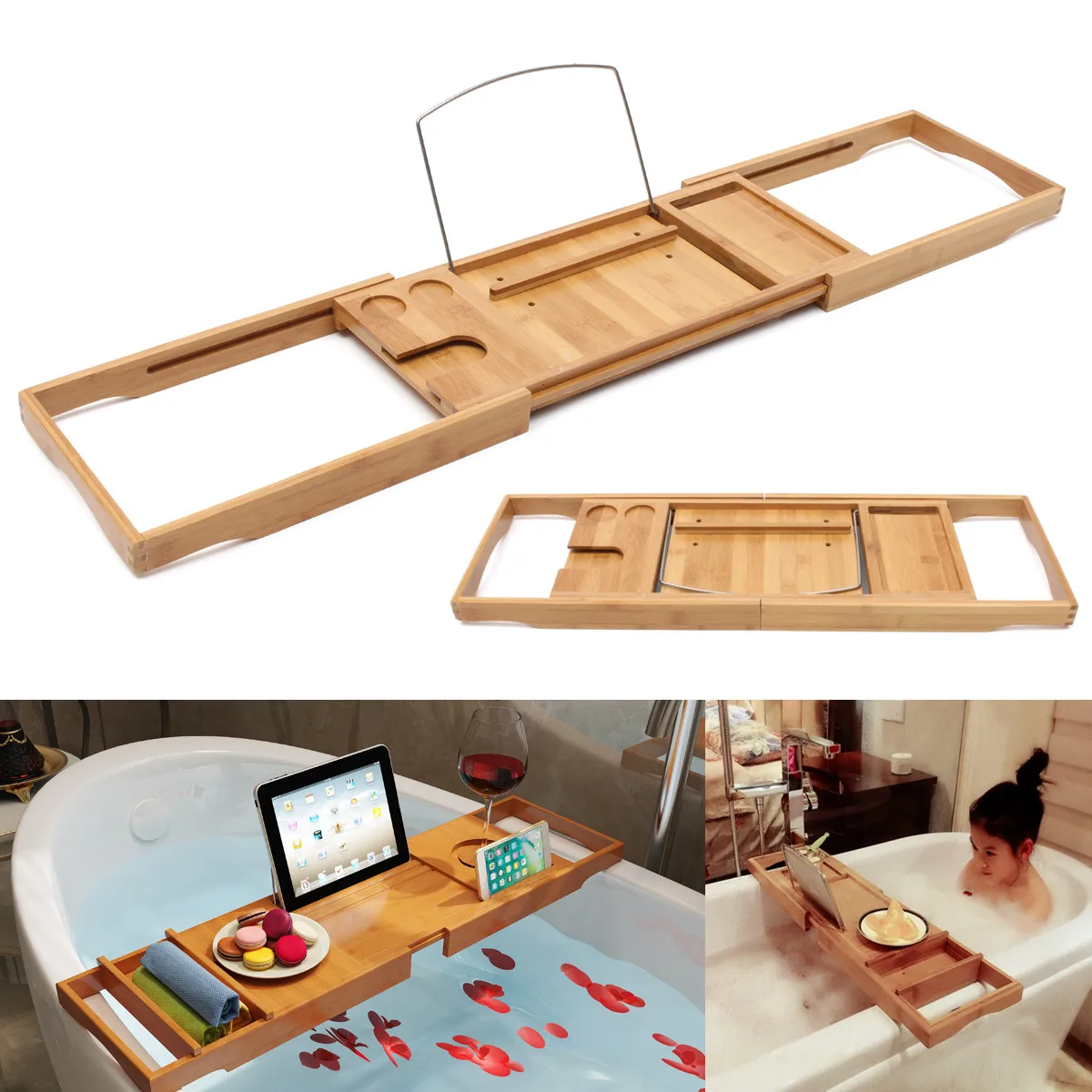 

70-105cm Extendable Bamboo Bath Caddy Tray Adjustable Home Spa Wooden Bathtub Tray Book Wine Tablet Holder Reading Rack Shelf