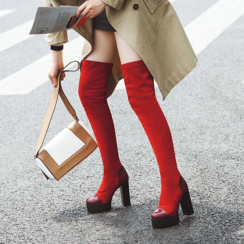 Женские ботинки на платформе и высоком каблуке с круглым носком|Ботфорты| |