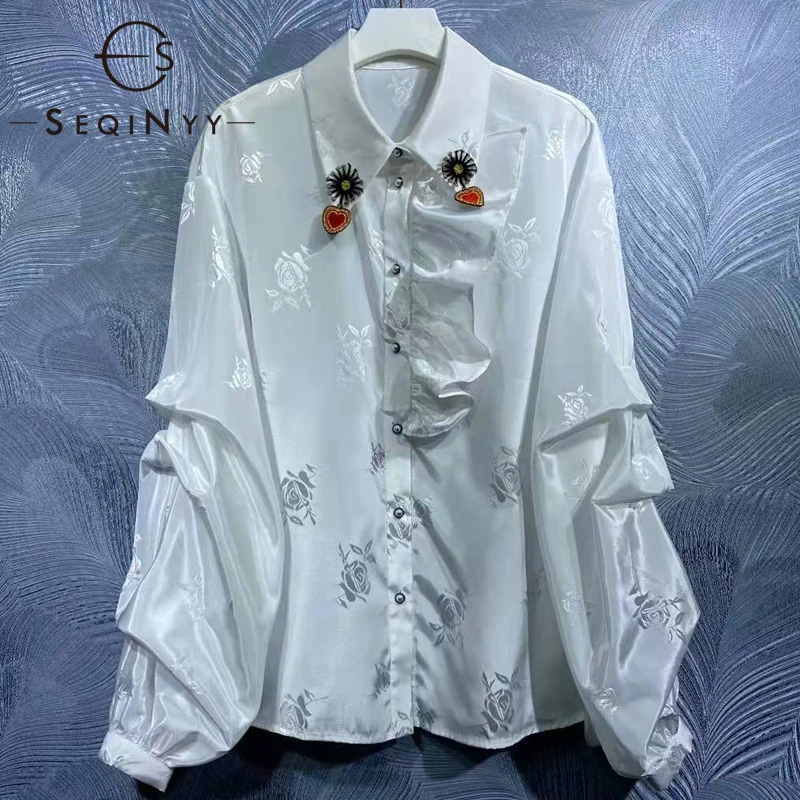 

SEQINYY White Shirt Summer Spring New Fashion Design Women Runway Dobby Flowers High Quality Appliques Crystal Ruffles Draped