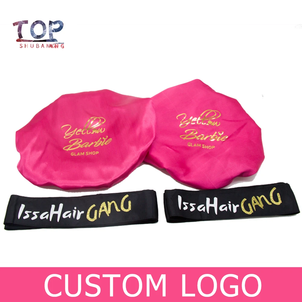 

Customized Logo Brand Women Satin bonnet 2 Layer Polyester Satin Women Bonnet/Headband Caring Extention Wig Hairs Sleep bonnets