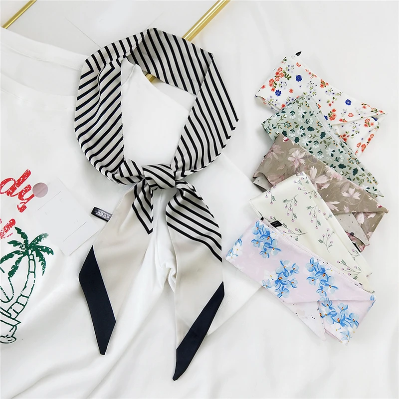 

Decorative Long Strip Neckerchief Small Long Skinny Scarves Women's Multi-use Narrow Long Scarf Striped Floral Ponytail Scarf