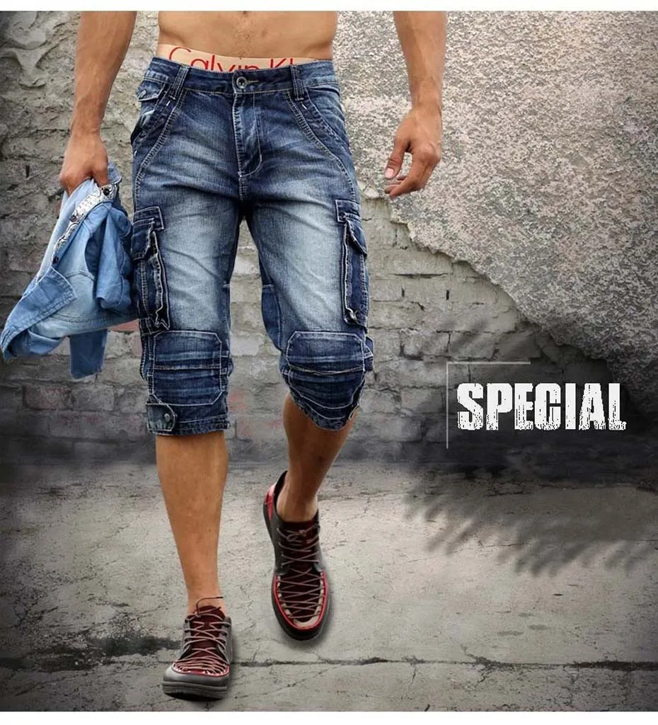 Men Summer Retro Cargo Jeans Shorts Casual Bermuda Homme Male Fashion Washed Denim Pant Men Shorts Big Pocket Cropped Jean
