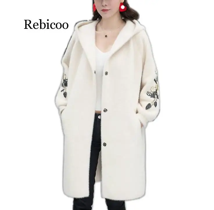 

Girl Casual Long Knitted Cardigan Autumn Korean Women Loose embroidery Floral Pocket Design Sweater Jacket Female Knitted coats