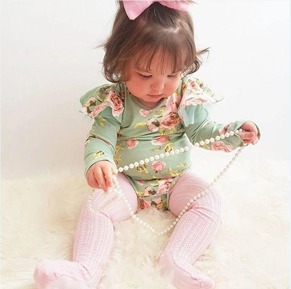 

2020 Infant Baby Girl Long Sleeves Fly Sleeve Floral Printed Bodysuit Outfits Jumpsuit Playsuit Clothes Hot Sale