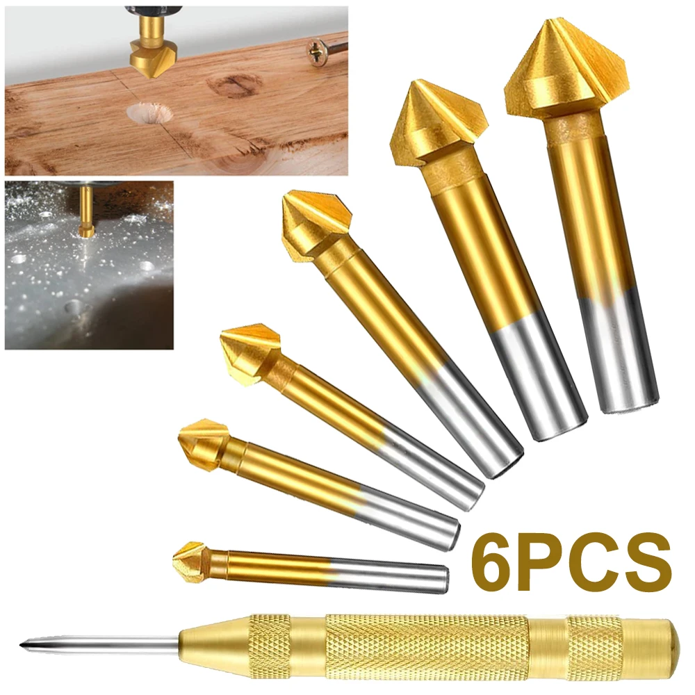 

6pcs 90 degree 3 flute HSS Countersink Drill Bit Set titanium coated 6.3-20.5mm chamfer cutter drill bits set for board