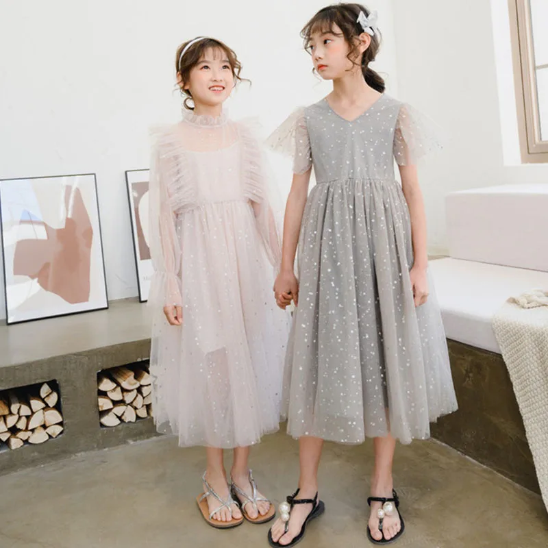 

2021 New Spring Summer Big Girl Dress Kids Baby Teenager Girls Casual Clothes Long Children's Dresses V Neck White Pink Grey