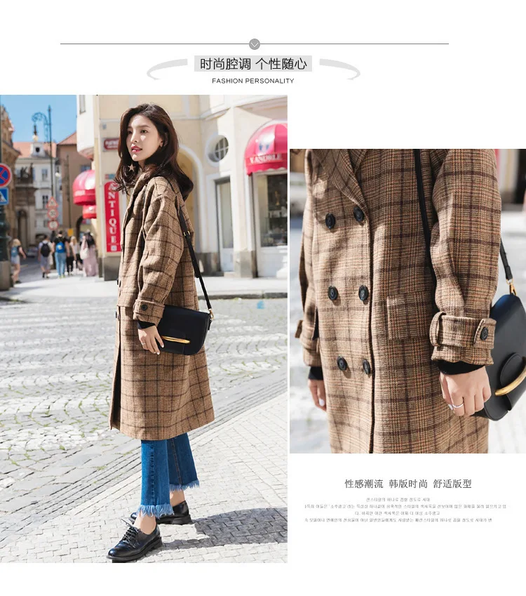 Vintage Plaids Clothes Loose Woollen Coat Women's New Checked Coat Baggy Silhouette Overcoat Tweeds Winter female Outerwear
