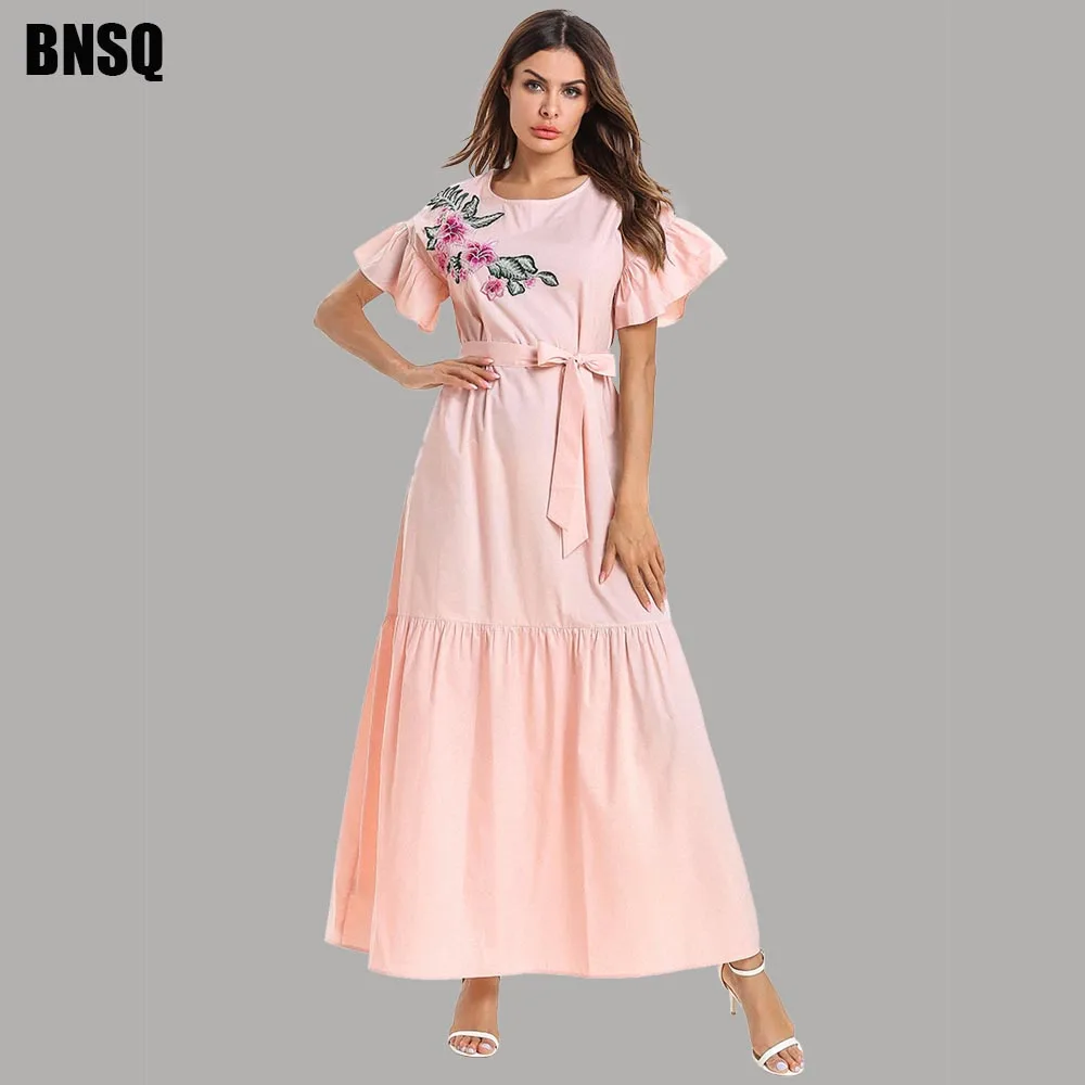 

BNSQ Vintacy Pink ruffled princess dress floral embroidery laced pleated summer short-sleeved dress Navy red
