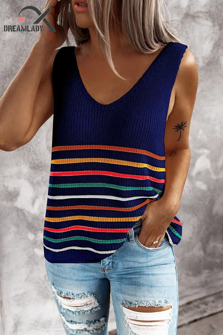 

2020 New Arrival Knit Vest Sexy V Neck Solid Color Stripped Print Women Tanks Summer Casual Sleeveless Lady Loose Tops