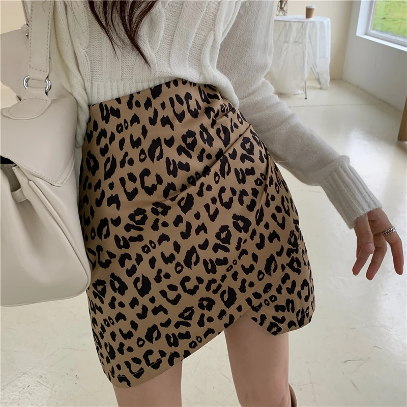 

Autumn Winter New High Waist Leopard Skirts Womens Korean Fashion Clothing Slim Asymmetrical Mini Skirt Streetwear Hipster Ins