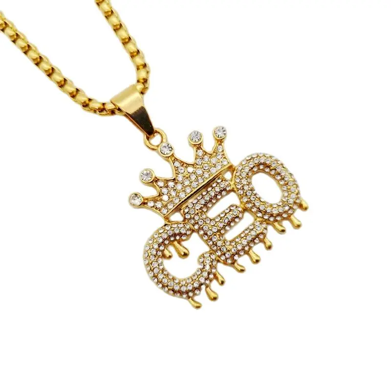 Айсед аут Блинг Краун СЕО кулонное ожерелье с полным обилием стразов, корона из нержавеющей стали, танцор рэппер-выступление.