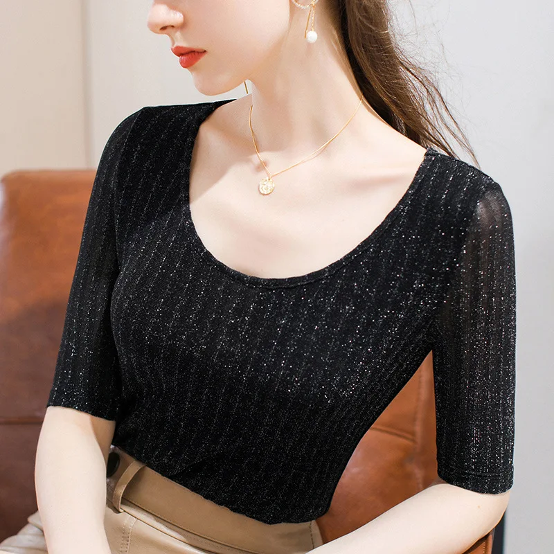 

Mid sleeve T-shirt women's early autumn new round neck 5 / 5 sleeve square collar bright silk top women's flash silk small shirt
