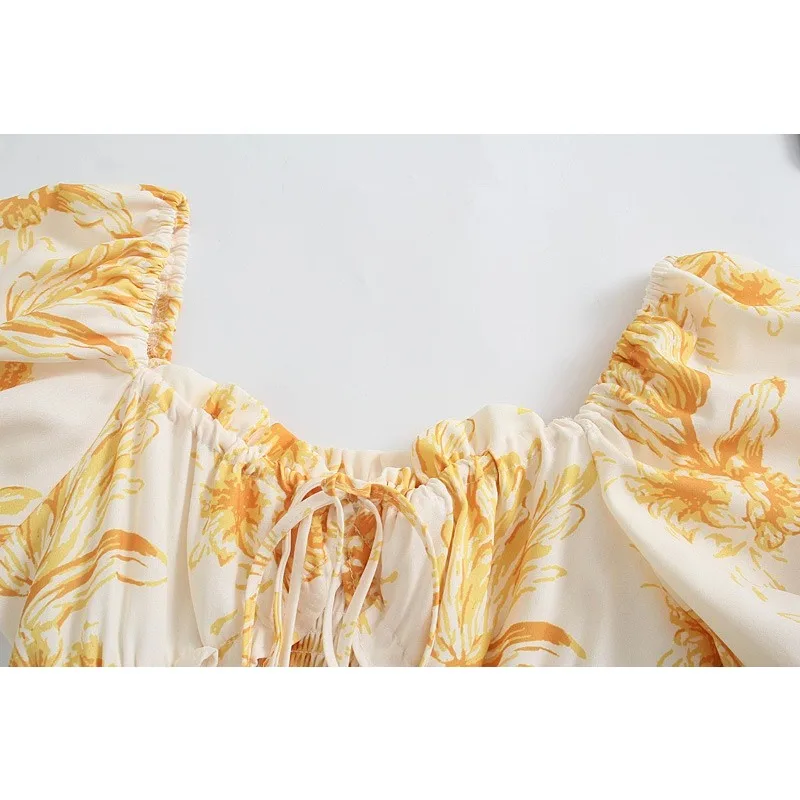 

Za 2021 French Square Neck Puff Sleeve Short Skirt Printed Square Neck Puff Sleeve Waist Temperament Wood Ear Dress