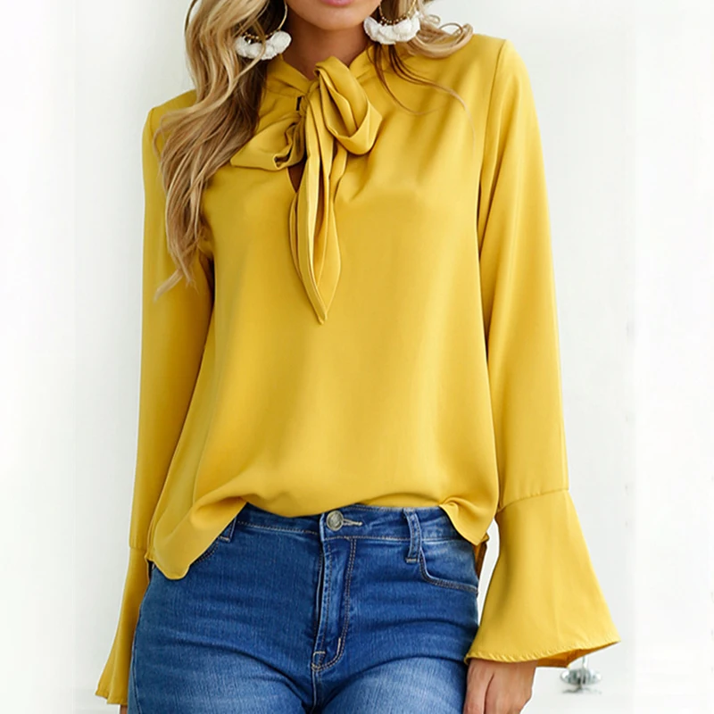 

Office Bow Tie Chiffon Blouse And Tops Women Flare Sleeve Yellow Shirts 2020 Autumn Female Elegant Long Sleeve Shirt Casual Top