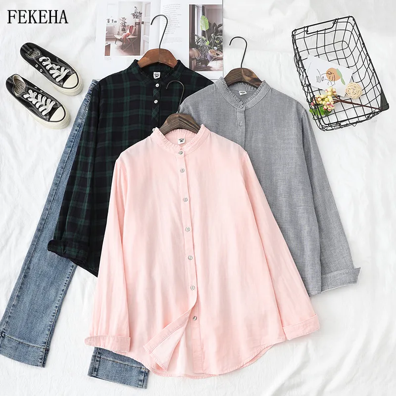 

Plaid Shirts Women Blouses And Tops Cotton Yarn Loose Long Sleeve Female Clothes Spring Autumn News 2021