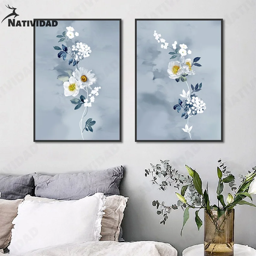 Простой белый цветок синий лист украшение для комнаты девочки акварель плакаты и