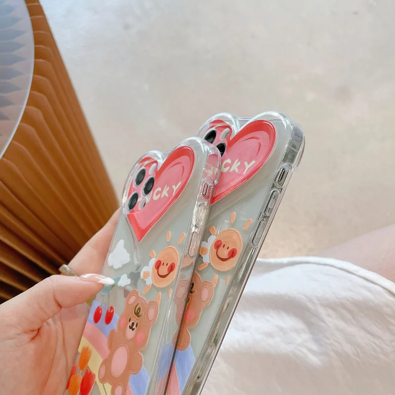 

Cute Love Heart Cartoon Bear Phone Case For iPhone 11 12 Pro Max 7 8 Plus X XR XS Max 12 Transparent Shockproof Back Cover