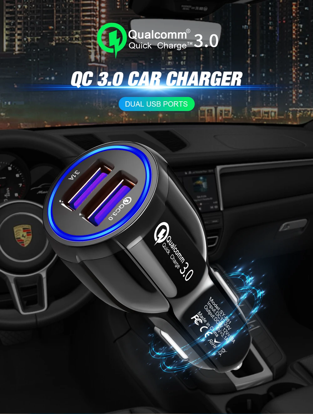 Быстрая зарядка двойной Переходник usb для зарядки в машине 3.1A авто автомобиль 2 usb порта универсальное интеллектуальное зарядное устройство для смартфона/планшета