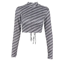 y2k fashion wave pattern turtleneck tie up backless long sleeve crop tops t shirt for women