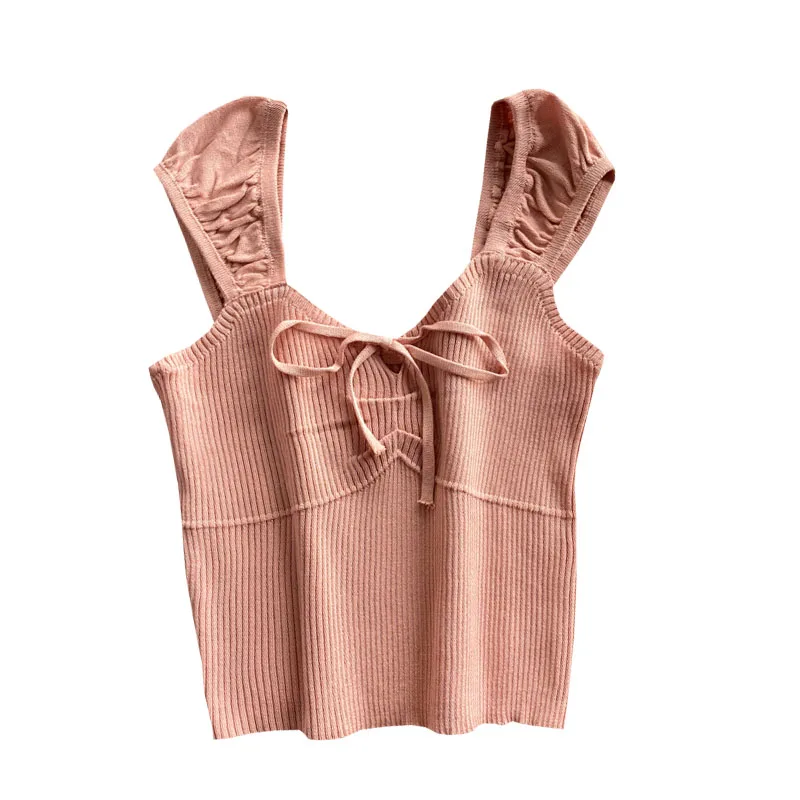 

2021 Summer Korean pure color lace up slim camisole sweet short tops for women bottoming shirt top tide vintage halter Tank Tops