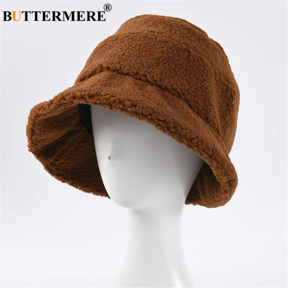 BUTTERMERE Lamb Wool Bucket Hat Womens Japanese Harajuku Women Hat Autumn Winter Warm Vintage Wide Beige Brim Fisherman Cap