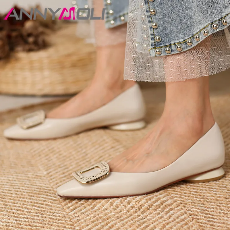 

ANNYMOLI Flat Shoes Women Natural Genuine Leather Flats Rivet Pointed Toe Glove Shoes Metal Decoration Ladies Footwear Beige 39