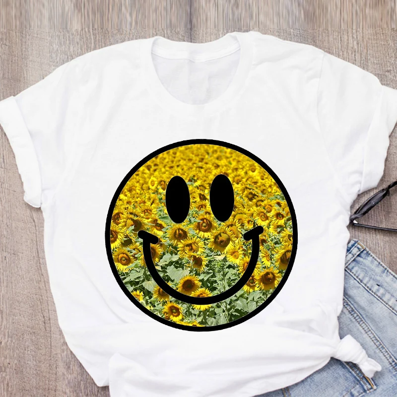 

Женские футболки с принтом Смайла и подсолнуха, милые летние женские топы с фруктами, женская футболка в стиле Харадзюку, Повседневная футб...