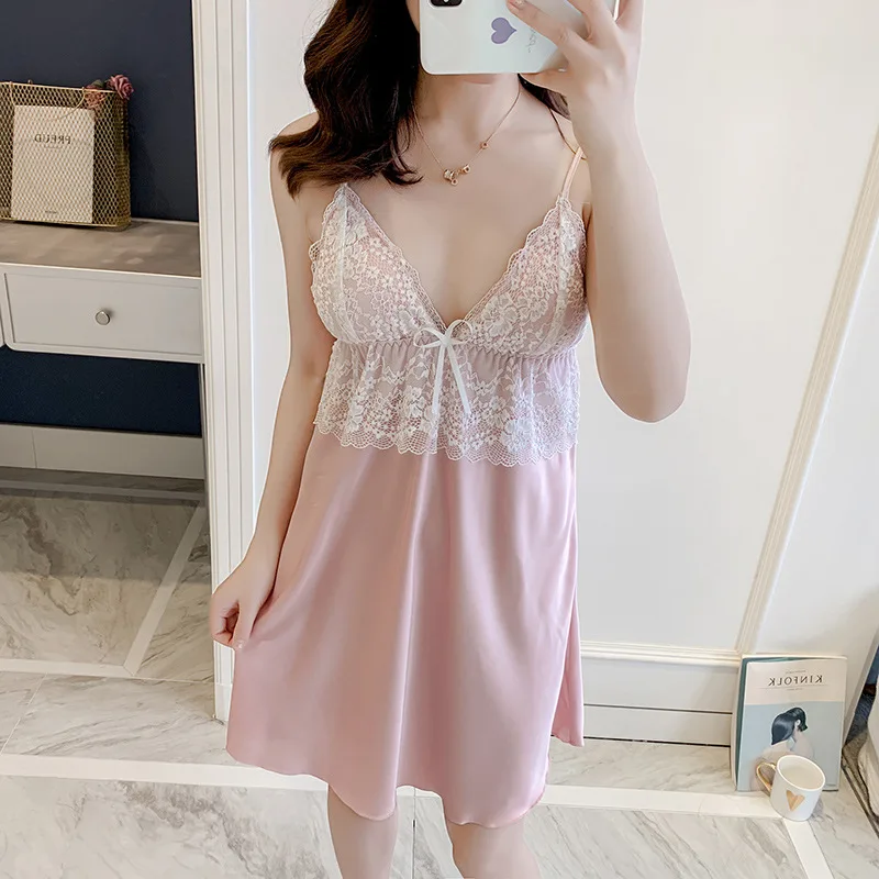 

Spring And Summer Women's Pajamas Feminine Sense Of Simulation Ribbon Chest Pad Suspenders Nightdress Sexy Pajamas Home Wear