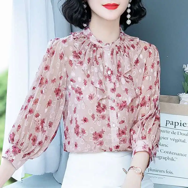 

Floral Print Blouses Pullover Femal Stitching Single-breasted Ruffled Round Neck Loose Quarter Sleeve Women Spring Chiffon Shirt